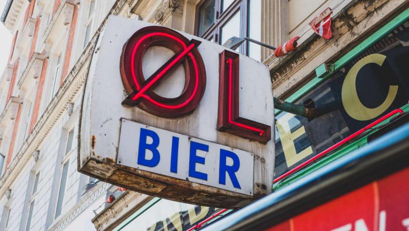 Beer sign at bodega in Vesterbro "Øl", Copenhagen, Denmark