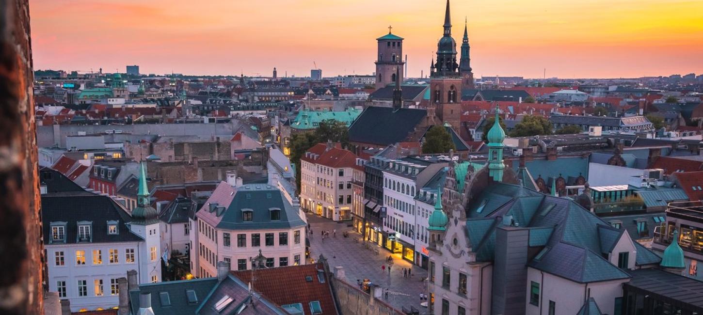 Sunset over shopping street Strøget in Copenhagen