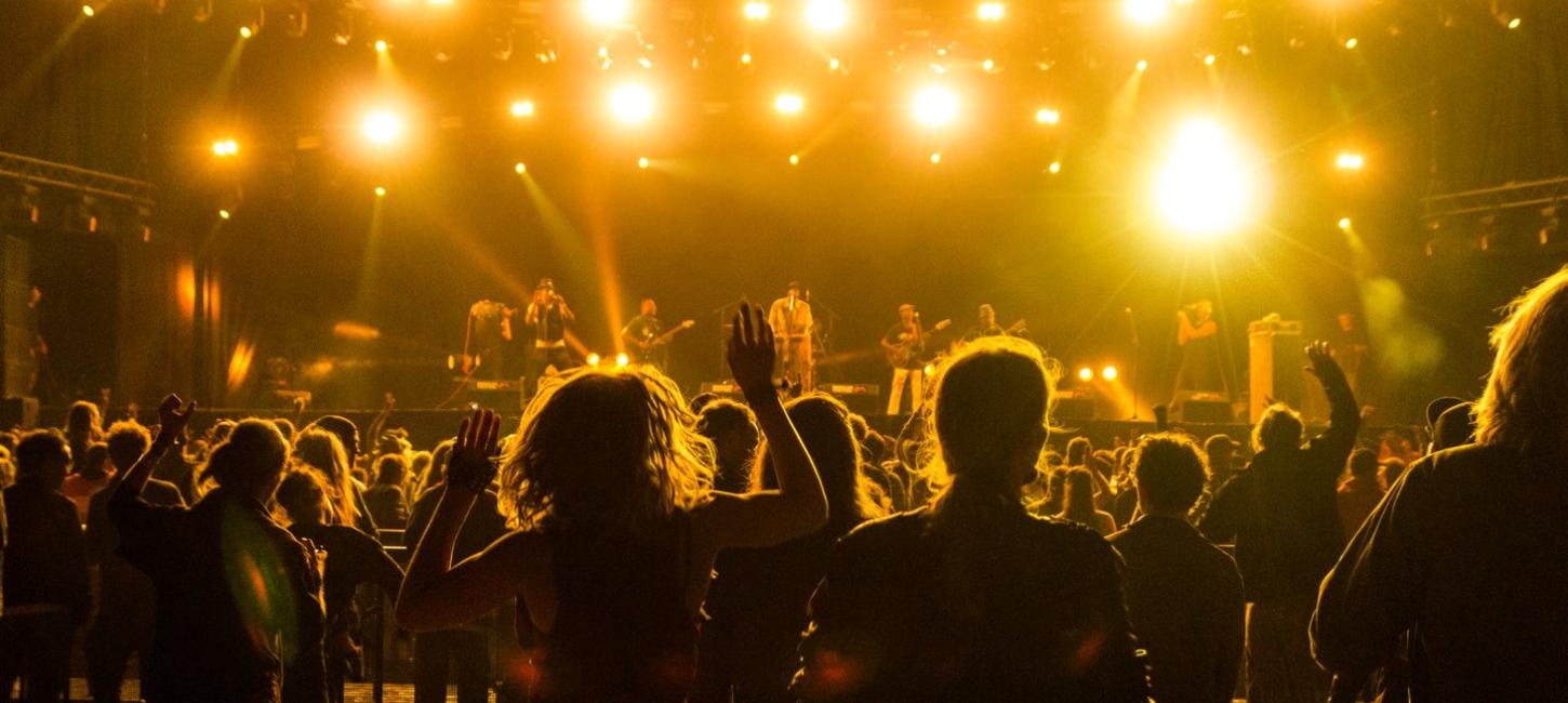 A crowd enjoys a concert at Roskilde Festival in Denmark